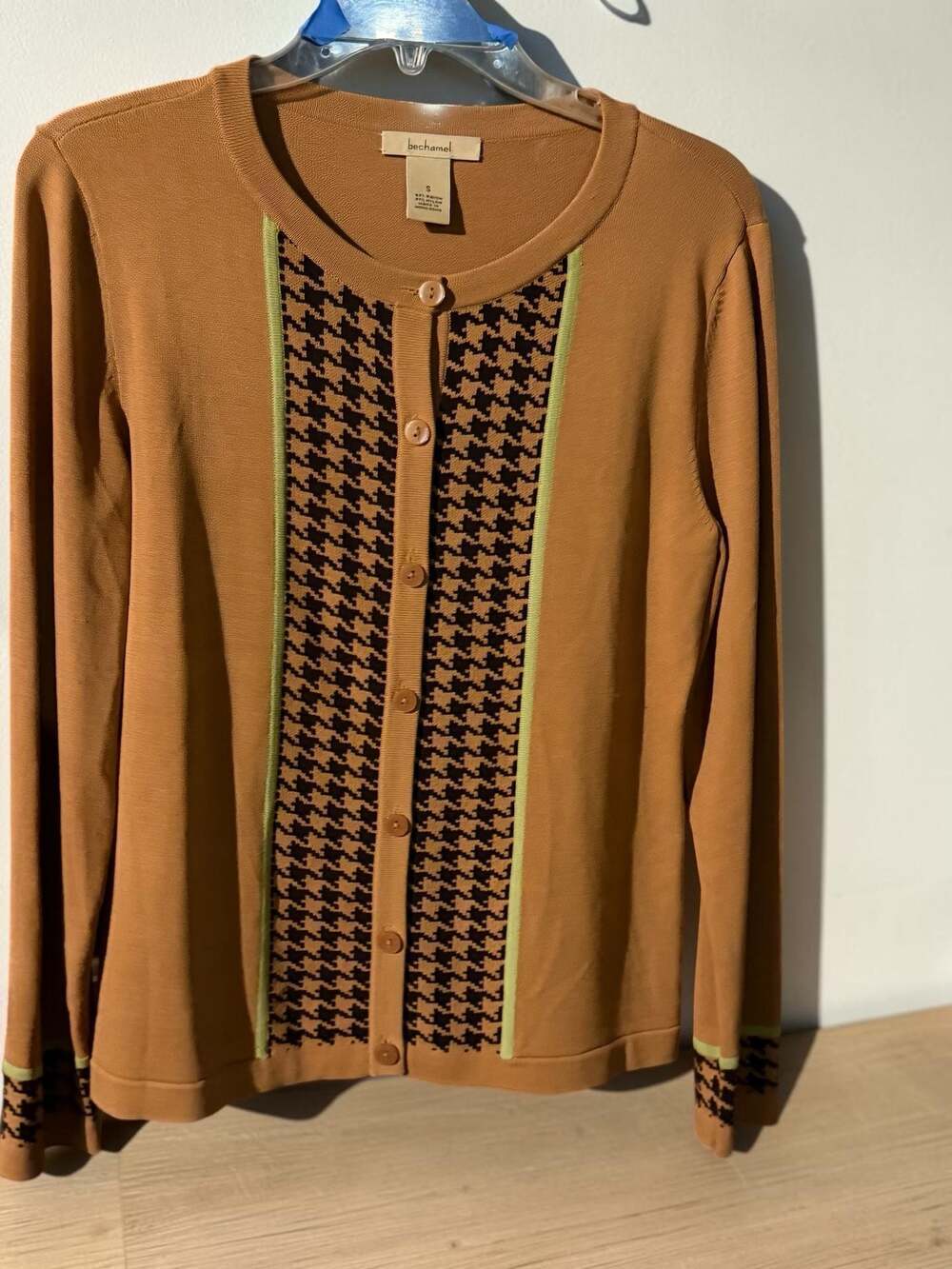 bechamel Women's Button-Down Cardigan Sweater in Tan with Houndstooth Detail